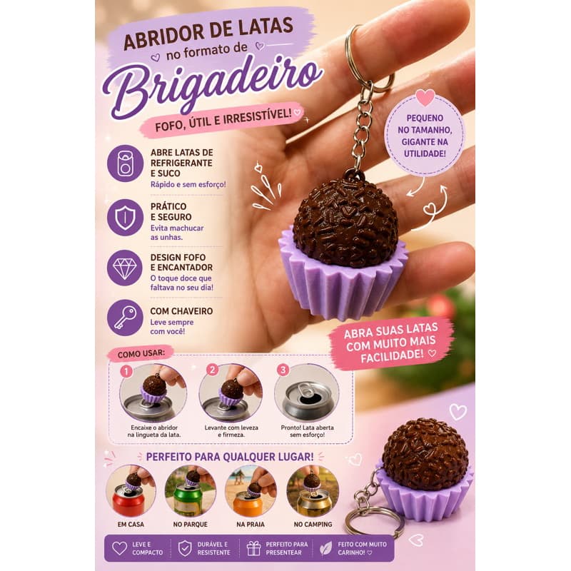 Abridor de Latas em Formato de Brigadeiro com Chaveiro | Abridor de Latas de Refrigerante e Suco | Fofo e Criativo
