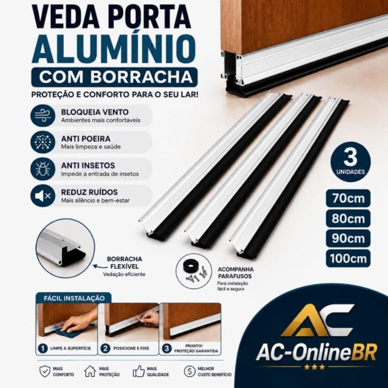 Kit 3 Veda Porta Alumínio Premium Borracha Vedação Completa Anti Poeira Insetos Vento Frio Luz 70 80 90 100 cm