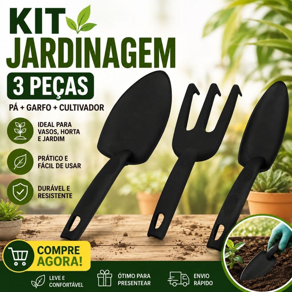 Kit Ferramentas Jardinagem 3 Peças Pá Garfo Cultivador para Plantas Horta e Jardim