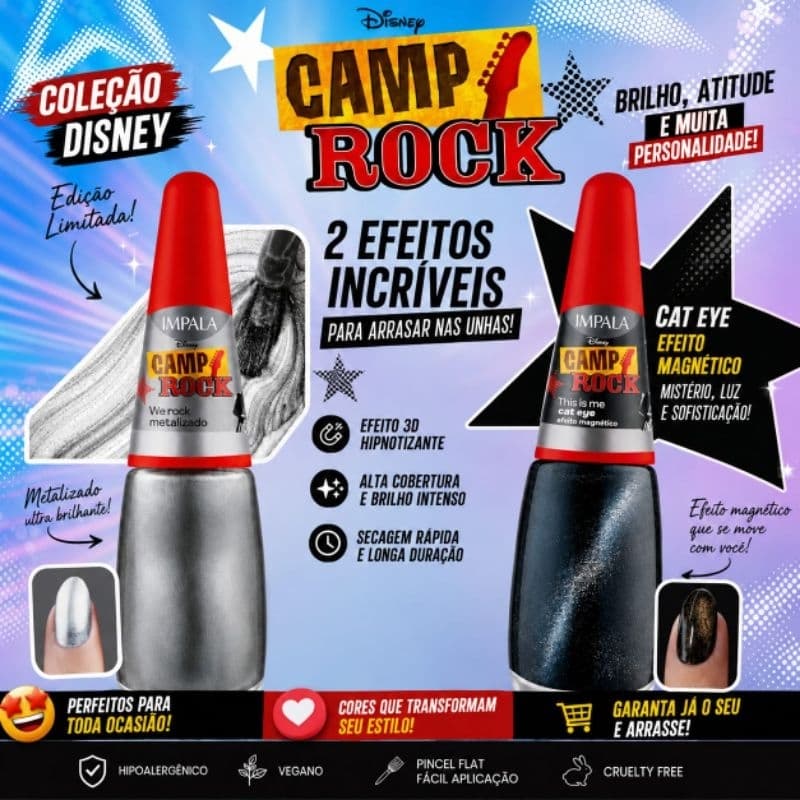 Kit 2 Esmaltes Impala Camp Rock Disney | We Rock Metalizado + This Is Me Cat Eye Magnético