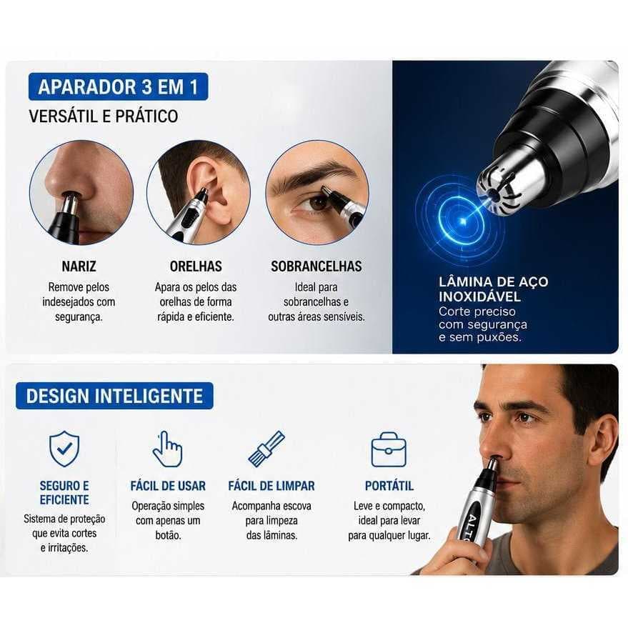 Aparador de Pelos Nariz e Orelha TC-007 Portátil com Lâmina Inox e Escova de Limpeza Masculino