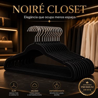 Kit 10 Cabides Slim Veludo Preto Antiderrapante Organizador de Roupas Closet