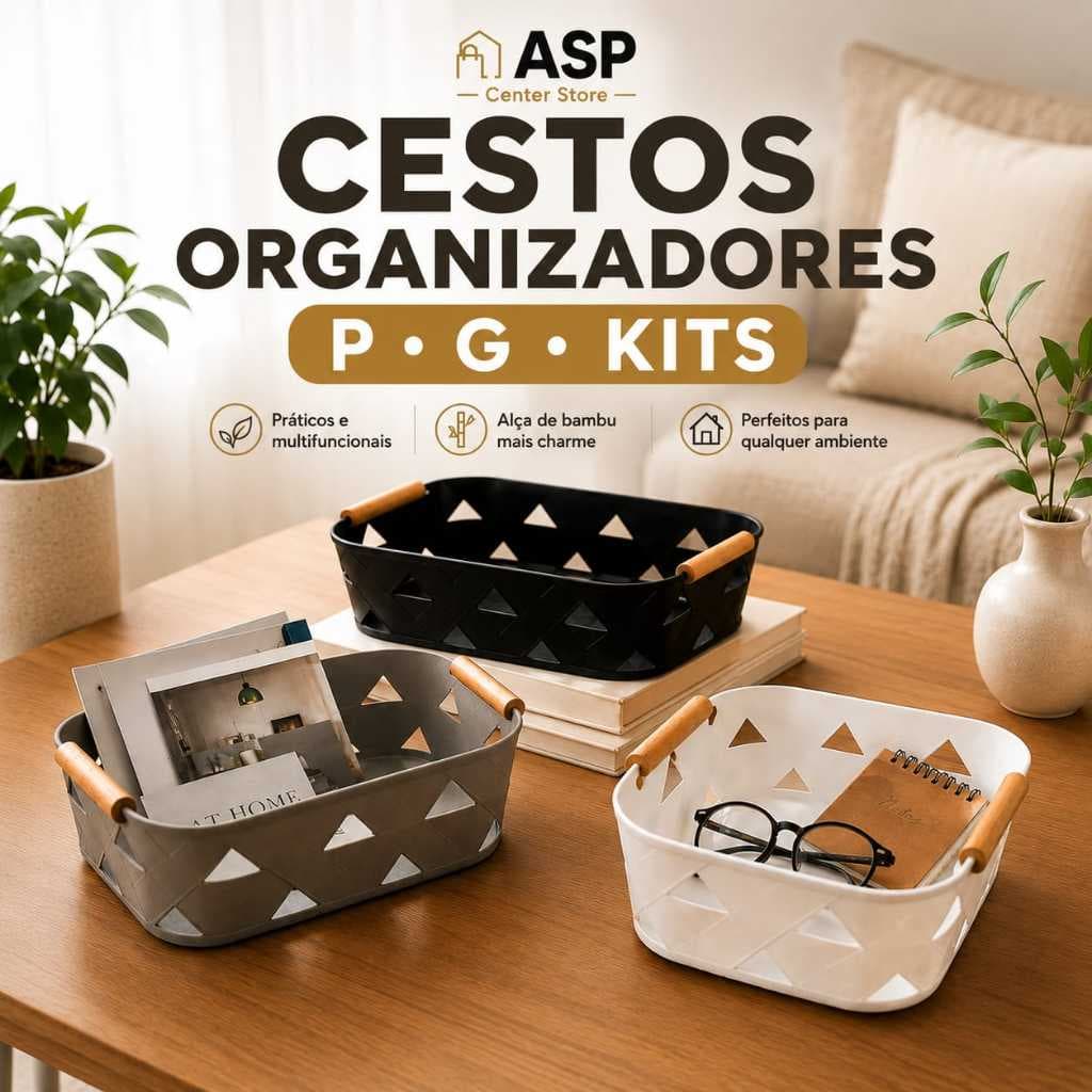 Cesto Organizador Multiuso com Alça de Bambu P e G | Kit Organizador para Cozinha Banheiro Closet Lavanderia