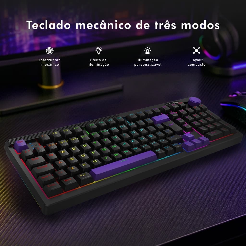 Teclado Mecânico Gamer 101 Teclas 3 Modos USB‑C 2.4G Bluetooth RGB Ergonômico com Knob Prata Switch