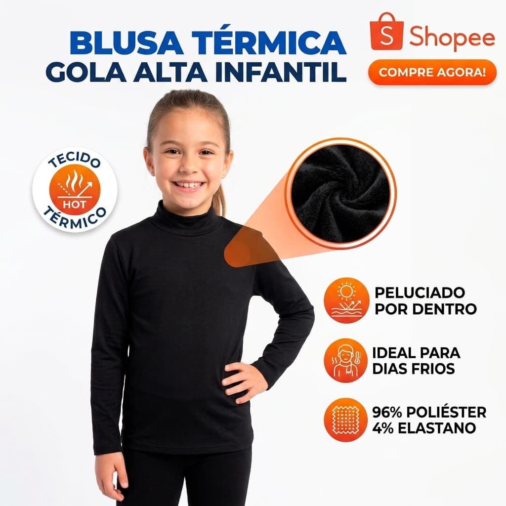 Blusa Térmica Infantil Feminino Peluciada Gola alta Segunda Pele Manga Longa