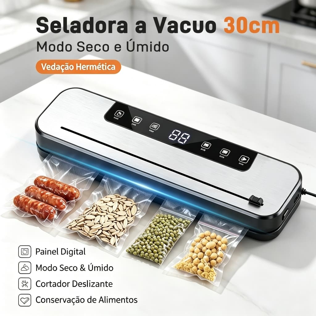 Seladora a Vácuo Alimentos 30cm Digital Modo Seco Úmido, Corte Deslizante, Sucção Forte Conservação de Comida