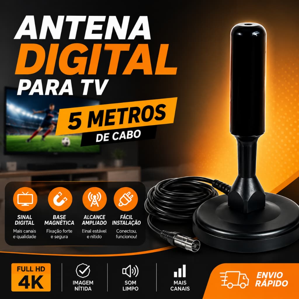 Antena Digital para TV UHF/VHF com Base Magnética e Cabo de 5 Metros – Sinal Digital HDTV
