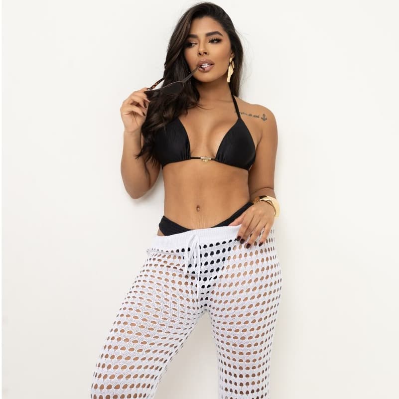 Calça Longa Saída de Praia Pantalona Rendada Croche Piscina Verão Lançamento Cordão Ajustável