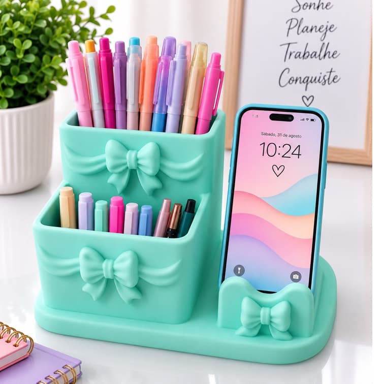 Organizador de Mesa com Porta Canetas e Suporte para Celular com Laços – Escrivaninha e Penteadeira
