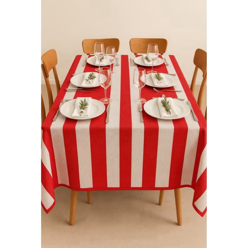 Toalha de Mesa Jacquard Listrada Vermelha - 4 LUGARES
