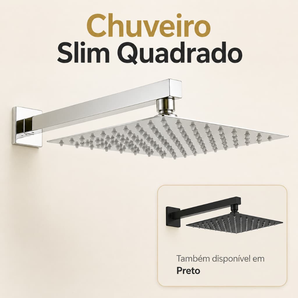 Ducha Chuveiro Quadrado 20x20 Inox Parede Preto Cromado