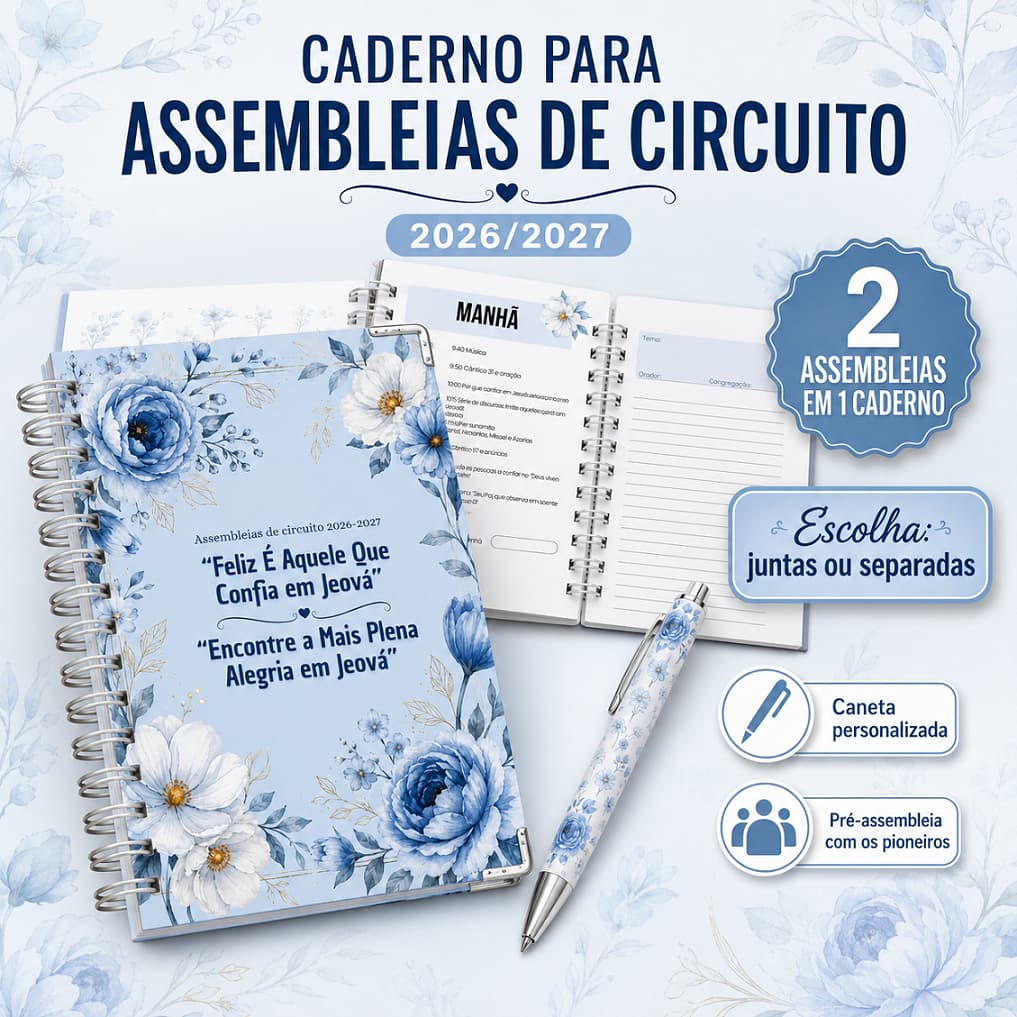 Caderno Assembleias de Circuito JW 2026/2027 Personalizado com caneta personalizada - floral azul