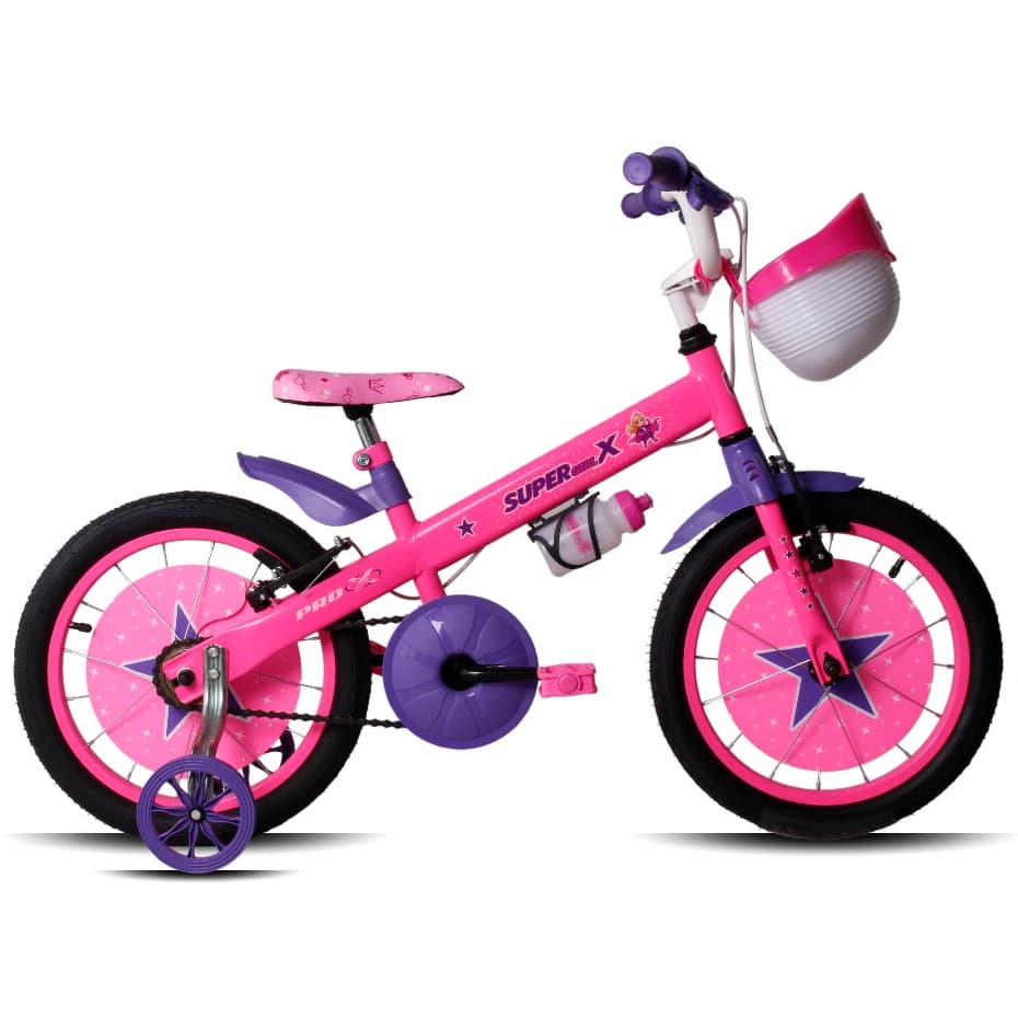 Bicicleta Aro 16 Infantil Menina Pro-X Super Girl X com Rodinha de Treino e Cestinha Pneu 2.1
