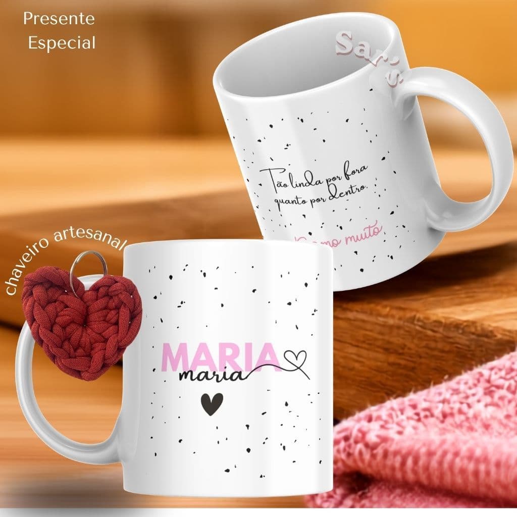 Kit Caneca Personalizada Nome e Frase + caixa presente+ chaveiro coração Xícara Porcelana 325ml
