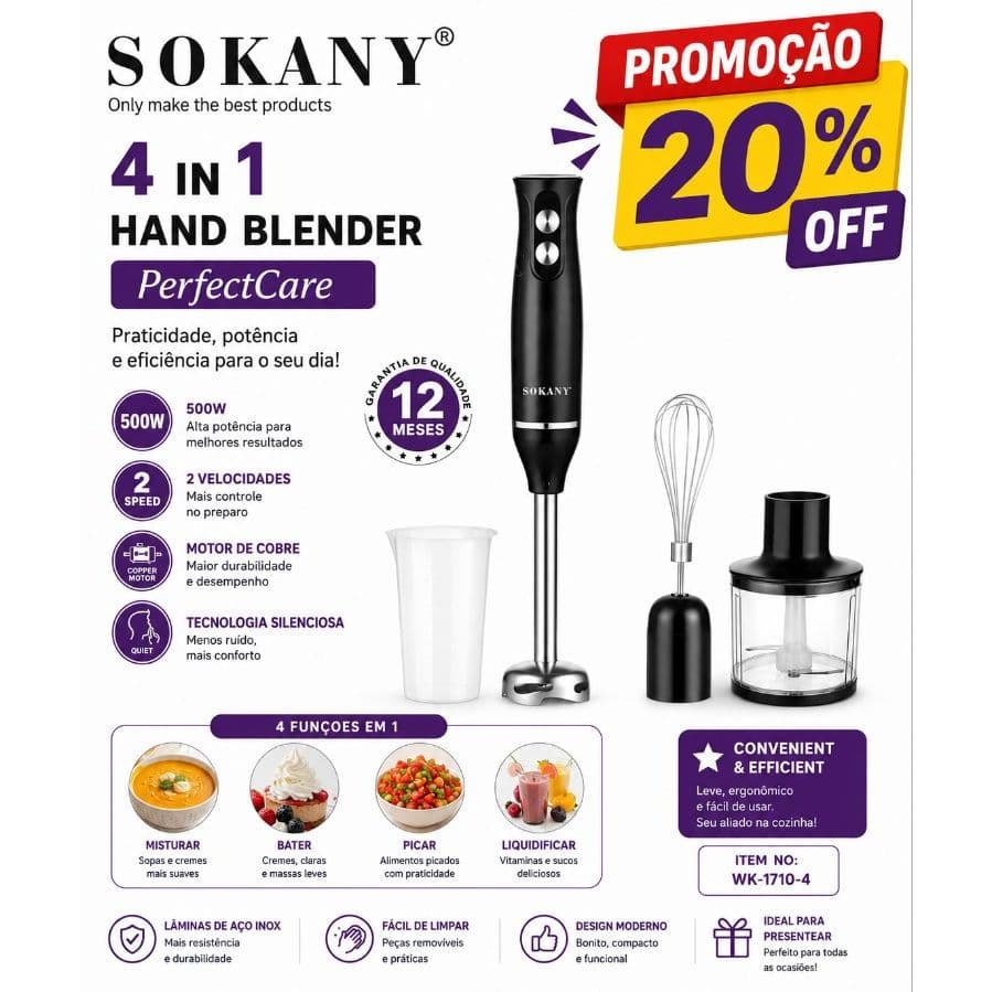 Mixer e Processador 4 em 1 com Potência de 500W