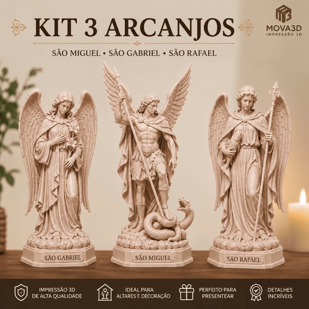 Kit 3 Arcanjos São Miguel Gabriel e Rafael | Imagens Religiosas Católicas 3D para Altar e Decoração