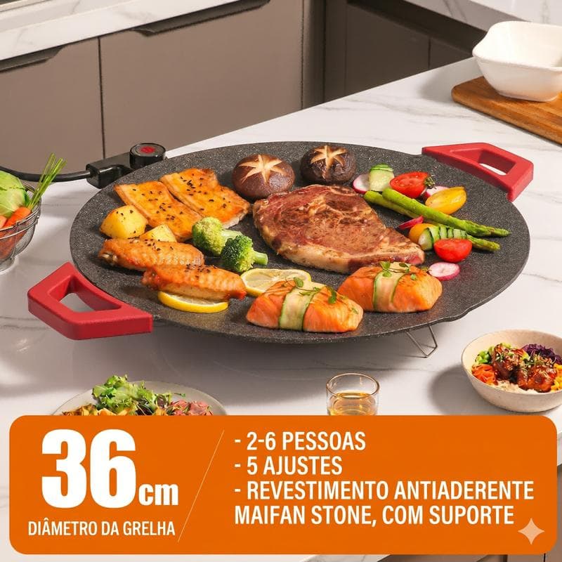 Churrasqueira Elétrica com Revestimento de Pedra Mineral, Multiuso Antiaderente para Cozinhar em Casa, Pouca Fumaça