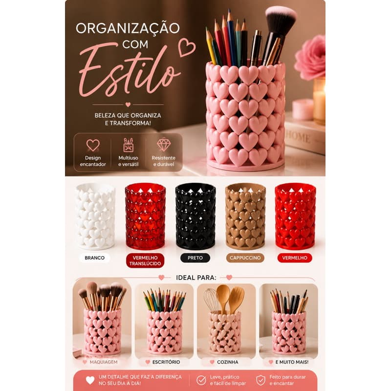 Porta Lápis de Coração 3D | Organizador Multiuso para Maquiagem, Canetas e Pincéis