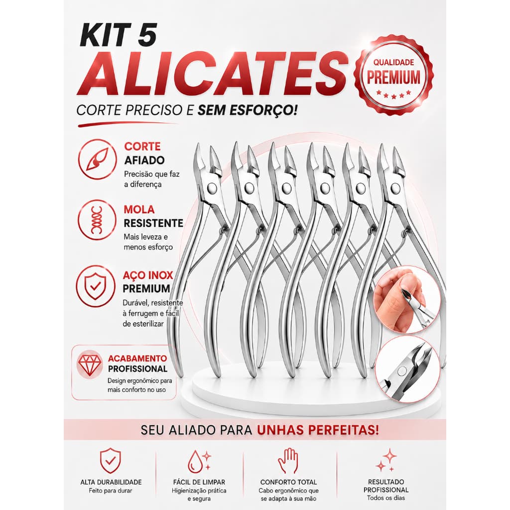 Kit 5 Alicates de Unha Cutícula de Precisão Cortador de Unha Profissional Aço Inox