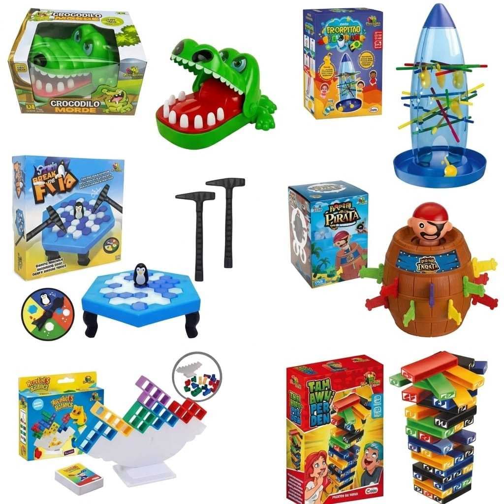 KIT 6 JOGOS DIVERTIDOS(PINGUIM+TIRA VARETAS+PIRATA+TOMBOU PERDEU+EQUILIPATOS+CROCODILO MORDE DEDO)