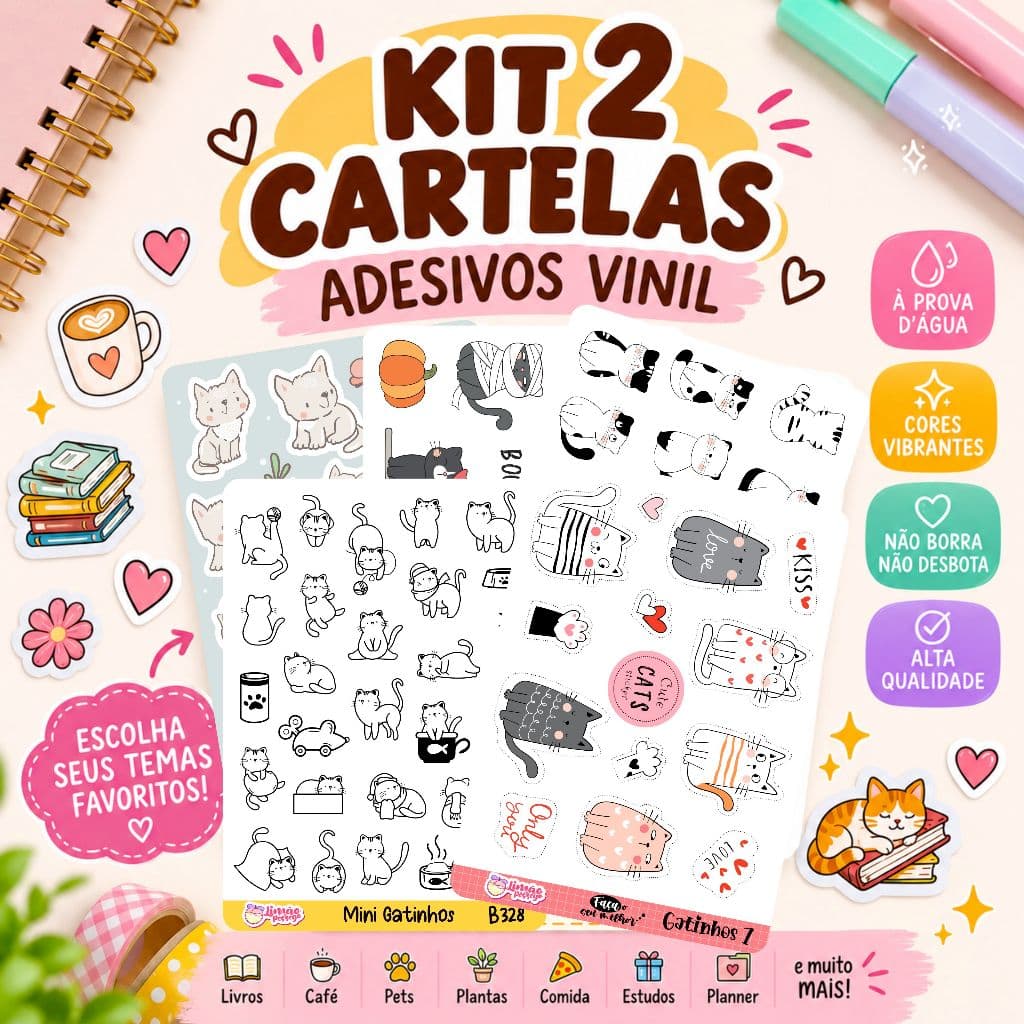 Kit 02 Cartelas de Adesivos Gatinhos Vinil à Prova d'Água Planner Caderno Scrapbook Pet Kawaii Gato