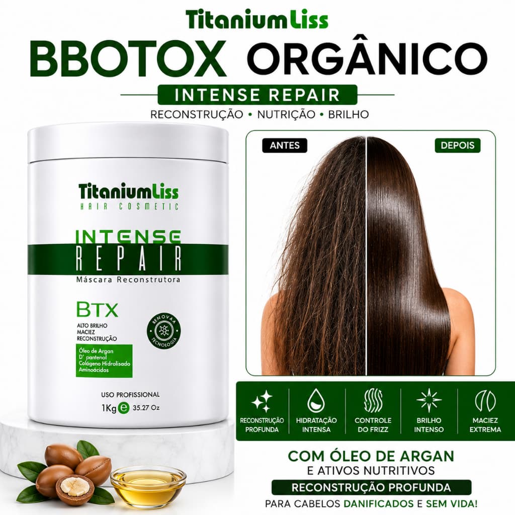 BBtox Sem Formol Orgânico Titanium Liss 1kg + Brinde Óleo de Argan Tenha cabelos alinhados, sem frizz e com brilho