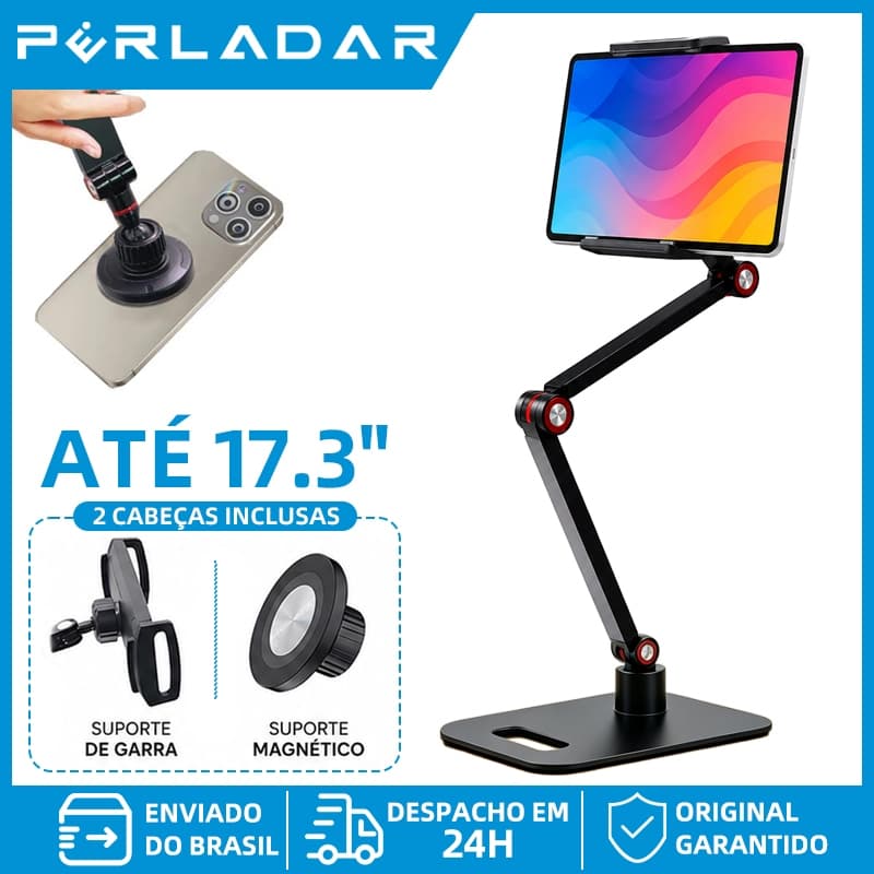 Suporte Mesa Base Estável 2 Cabeças Inclusas Magnético + Clipe Giratório 360° para Celular Tablet até 17,3"
