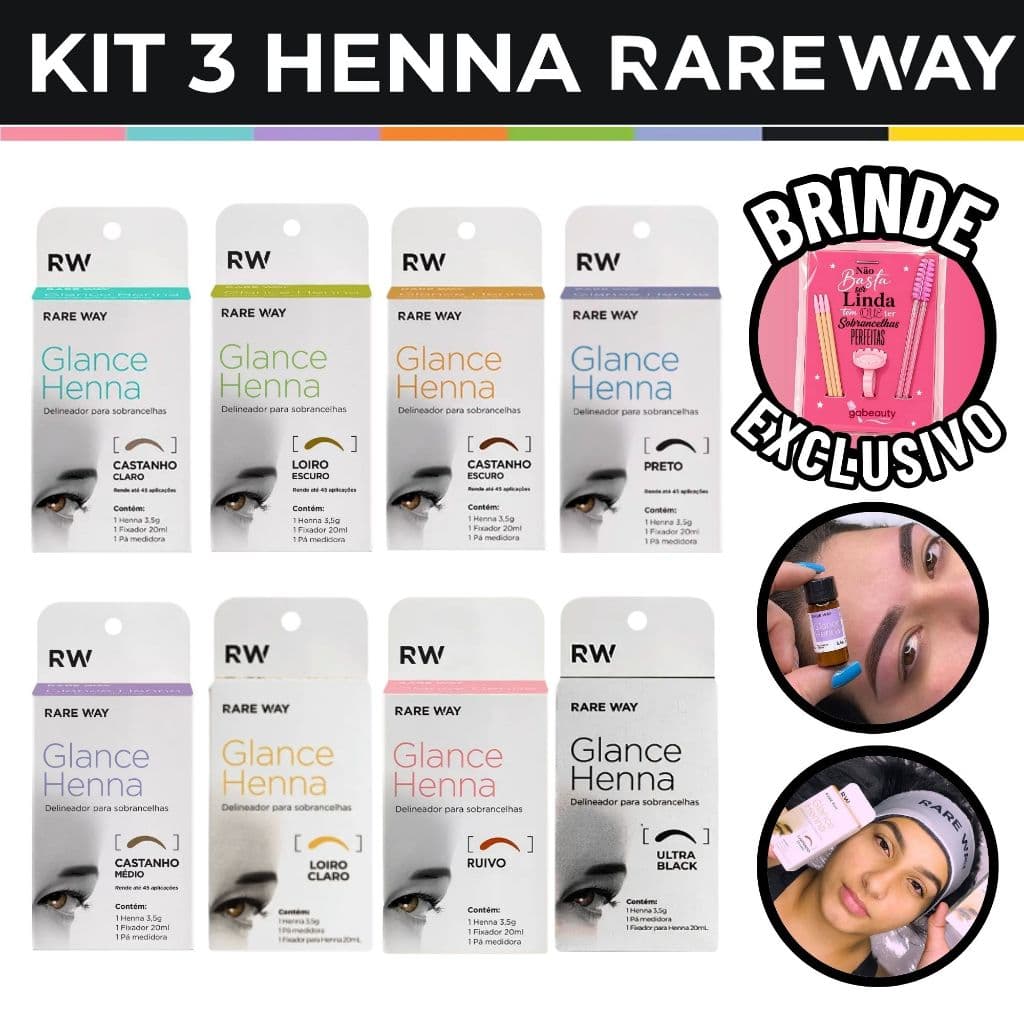 Kit Henna Sobrancelha Glance Rare Way Henna Profissional Escolha a Cor Designer de Sobrancelhas 3,5g
