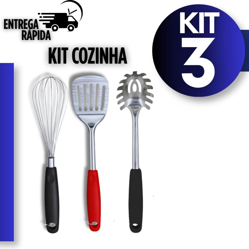 Kit Espátula Vazada Pegador de Massa Batedor Fuet Inox Utensílios para Cozinha