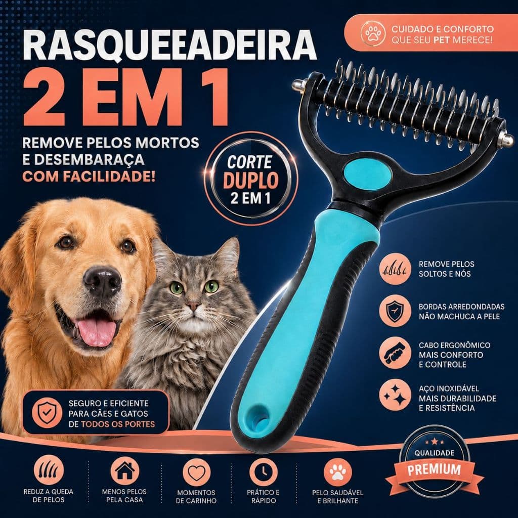 Rasqueadeira 2 em 1 Para Cães e Gatos Escova Removedora de Pelos Desembaraçador Pet Corte Duplo Inox