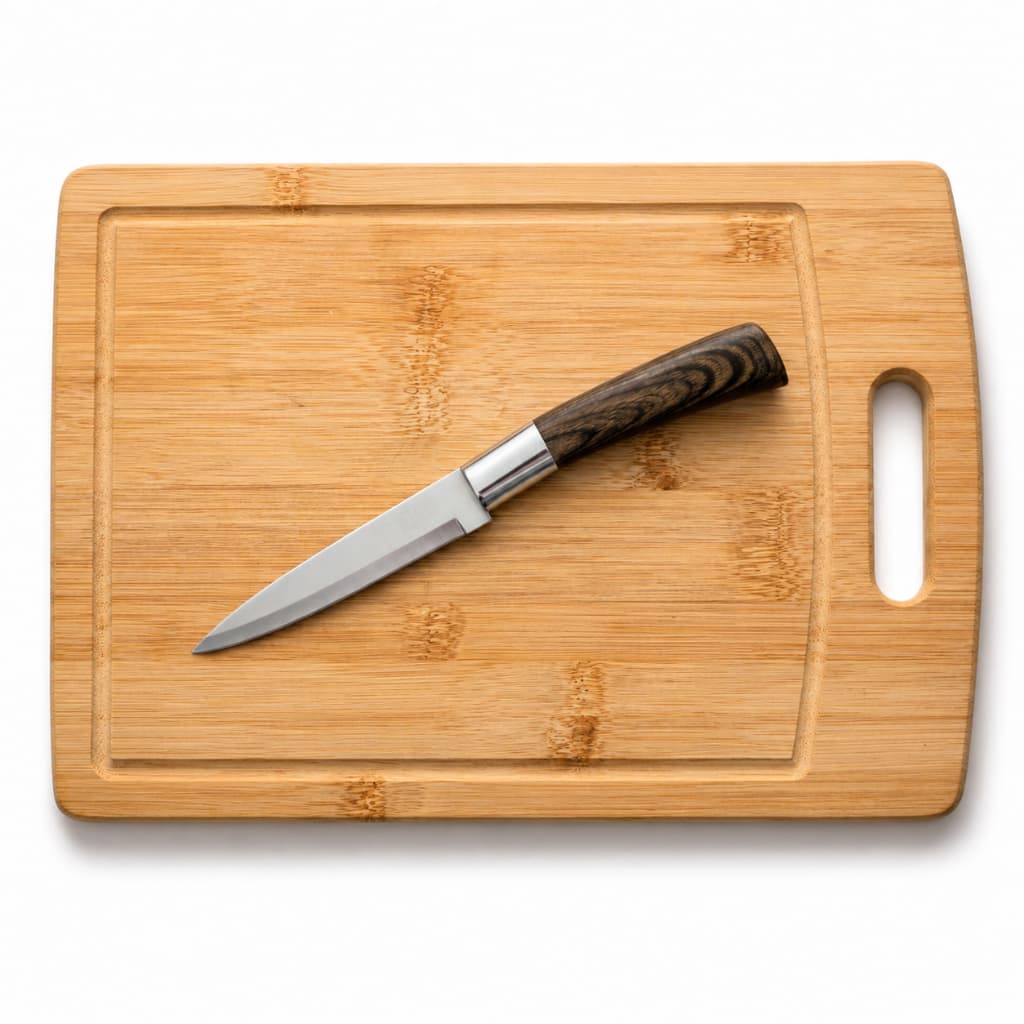 Kit Tábua de Corte Bambu 33x23cm + Faca de Legumes Aço Inox 22,5cm