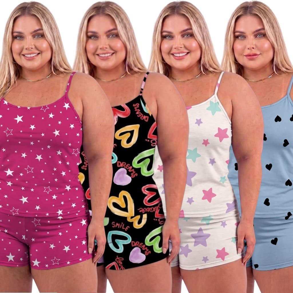 Kit 4 Conjuntos Plus Size Baby Doll Short Doll Estampado Sem Bojo Pijamas Premium