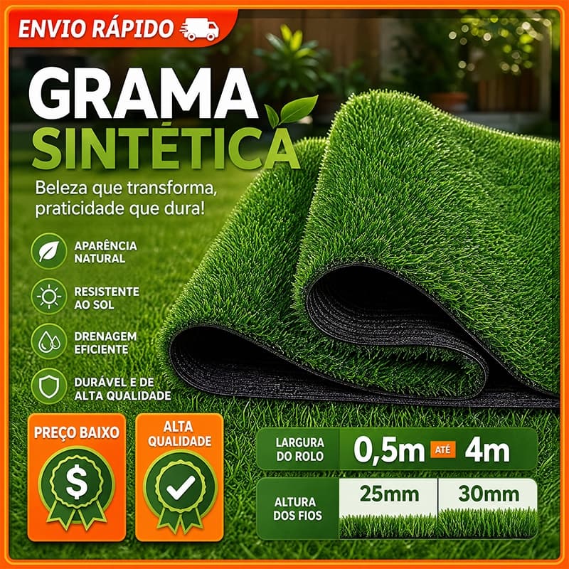 Grama Sintética Artificial 25mm 4x0,5m | Grama Verde Para Jardim, Quintal E Área Externa – Tapete Artificial Natural