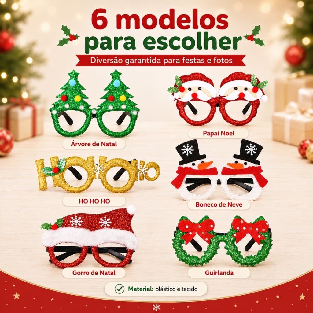 Kit 6 Óculos de Natal Divertidos, Acessórios Natalinos para Festa, Fotos, Fantasia, Confraternização e Lembrancinha
