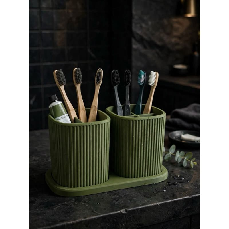 ORGANIZADOR DUPLO CANELADO VERDE OLIVA - BANDEJA 16,5x8,5cm + 2 POTES 9x7cm COM 3 DIVISÓRIAS