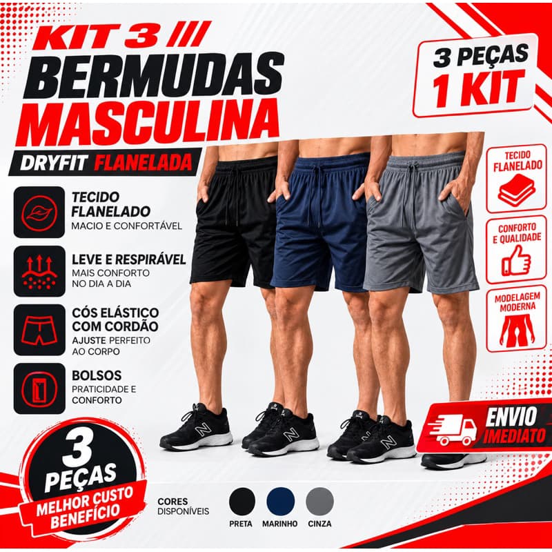 Kit/conjunto 3 Bermudas Shorts Chimpa Dry Fit- Tecido Leve e confortável de primeira linha,Academia, Caminhada, Casual