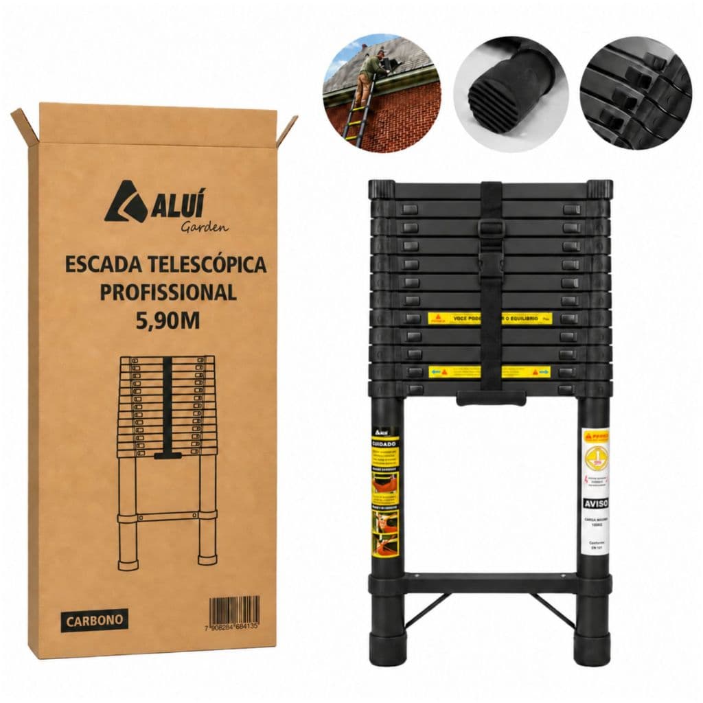 Alui Escada Telescópica Alumínio ou Carbono 15 Degraus 5,90/6,20M Portátil Retrátil 150kg Extensível