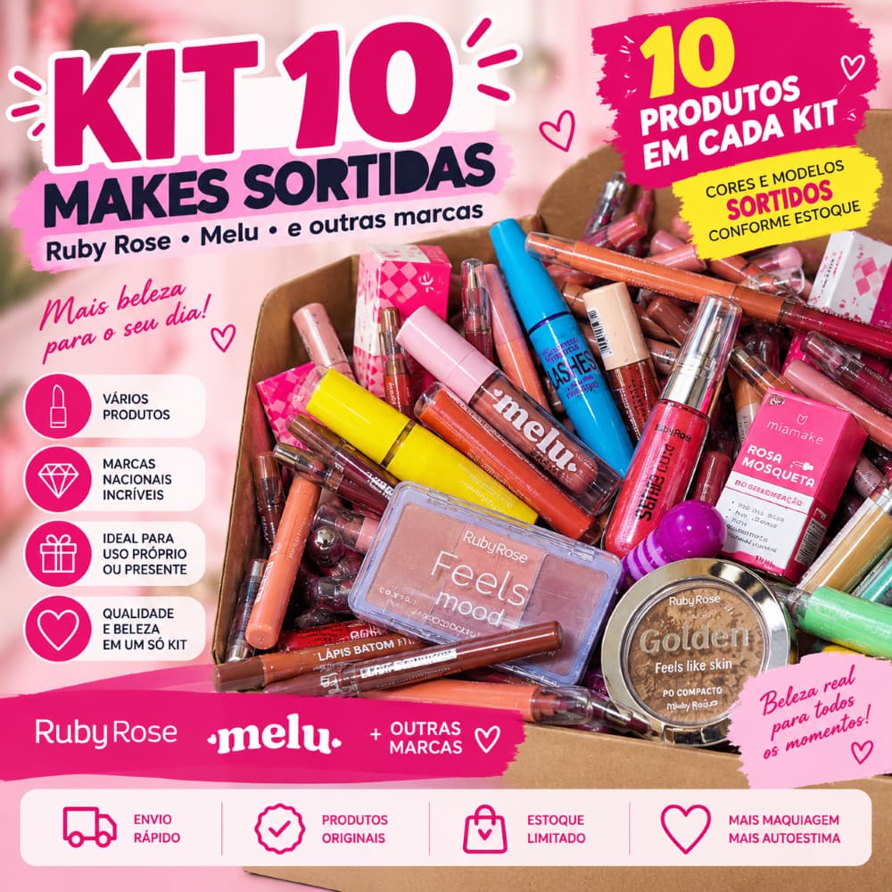 Kit 10 Maquiagens Sortidas Ruby Rose Melu Mia Make Febella Gloss Batom Blush Máscara e Mais