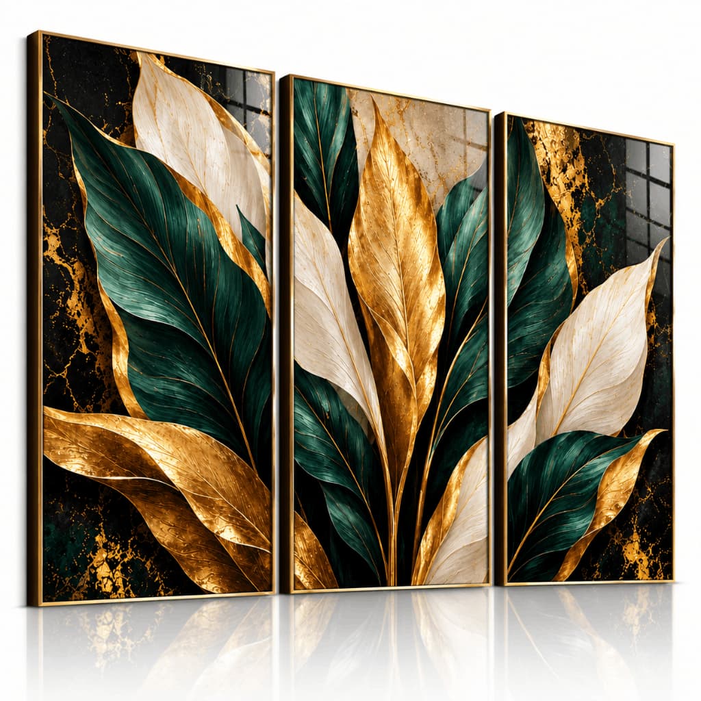 Kit 3 Quadros Decorativos Folhagens Verde Dourado Abstrato Moderno Luxo para Sala Quarto