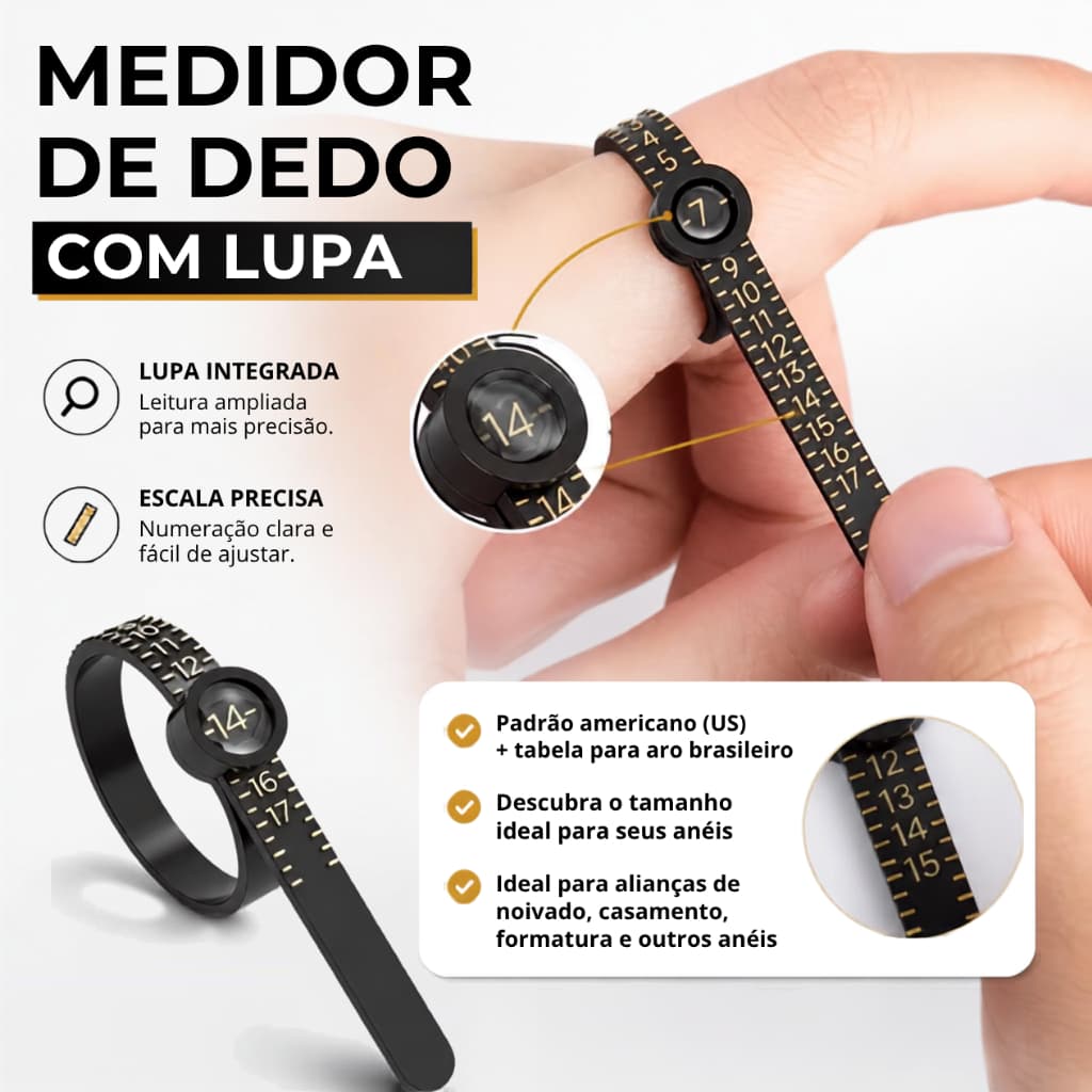 Medidor de Tamanho de Anel com Lupa – Padrão Americano US para Alianças e Anéis de Noivado