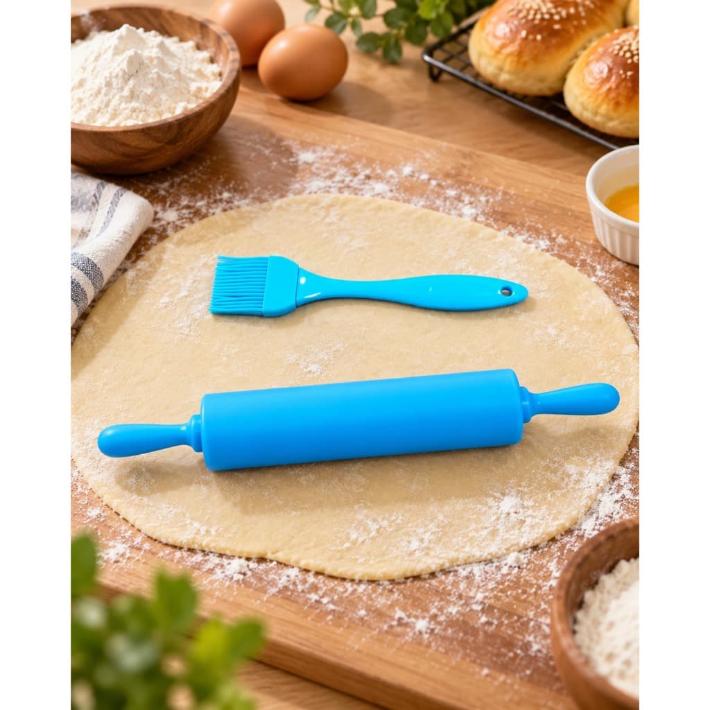 Kit Cozinha Pincel Culinário Silicone + Rolo de Massa Antiaderente Confeitaria Pizza Bolo