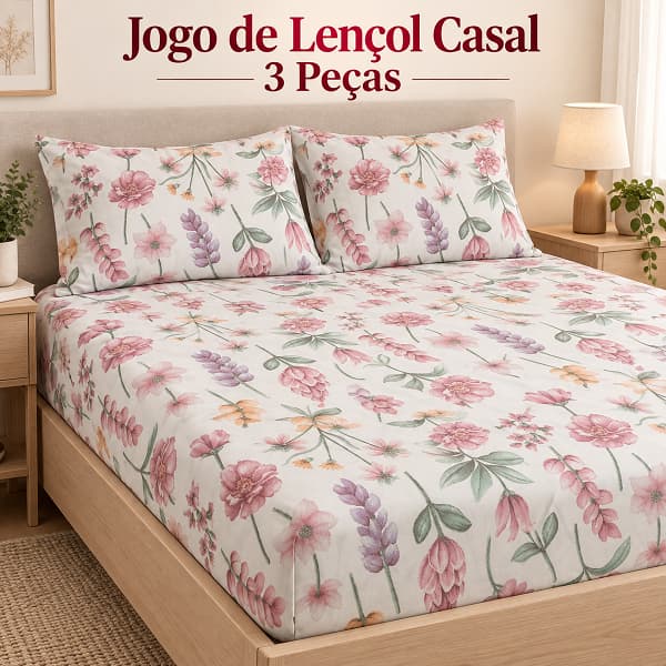 Jogo de Lençol Casal Micropercal 3 Peças Estampado -1 Lençol com Elástico + 2 Fronhas Secagem Rápida