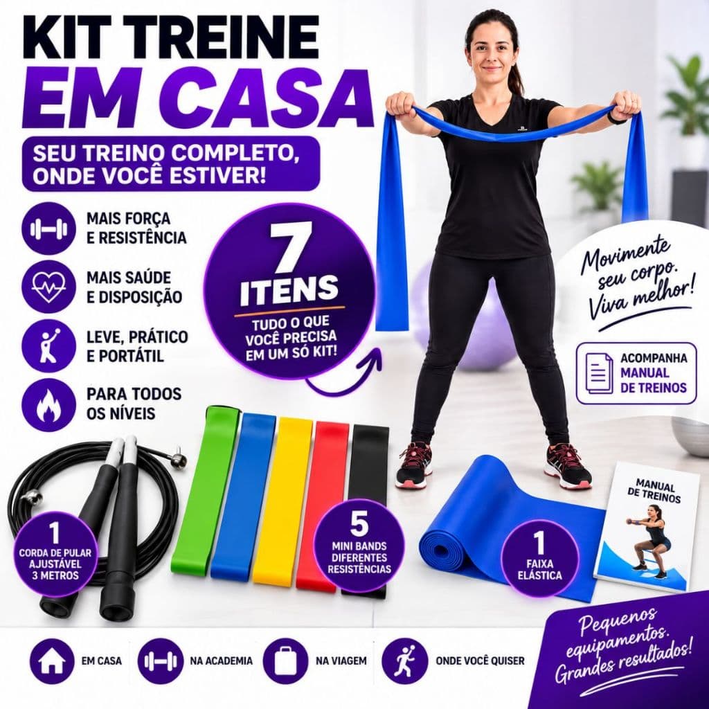 Kit Treino Funcional em casa - Faixa Elástica Longa + 5 Mini Band + Corda Ajustável Profissional de 3m