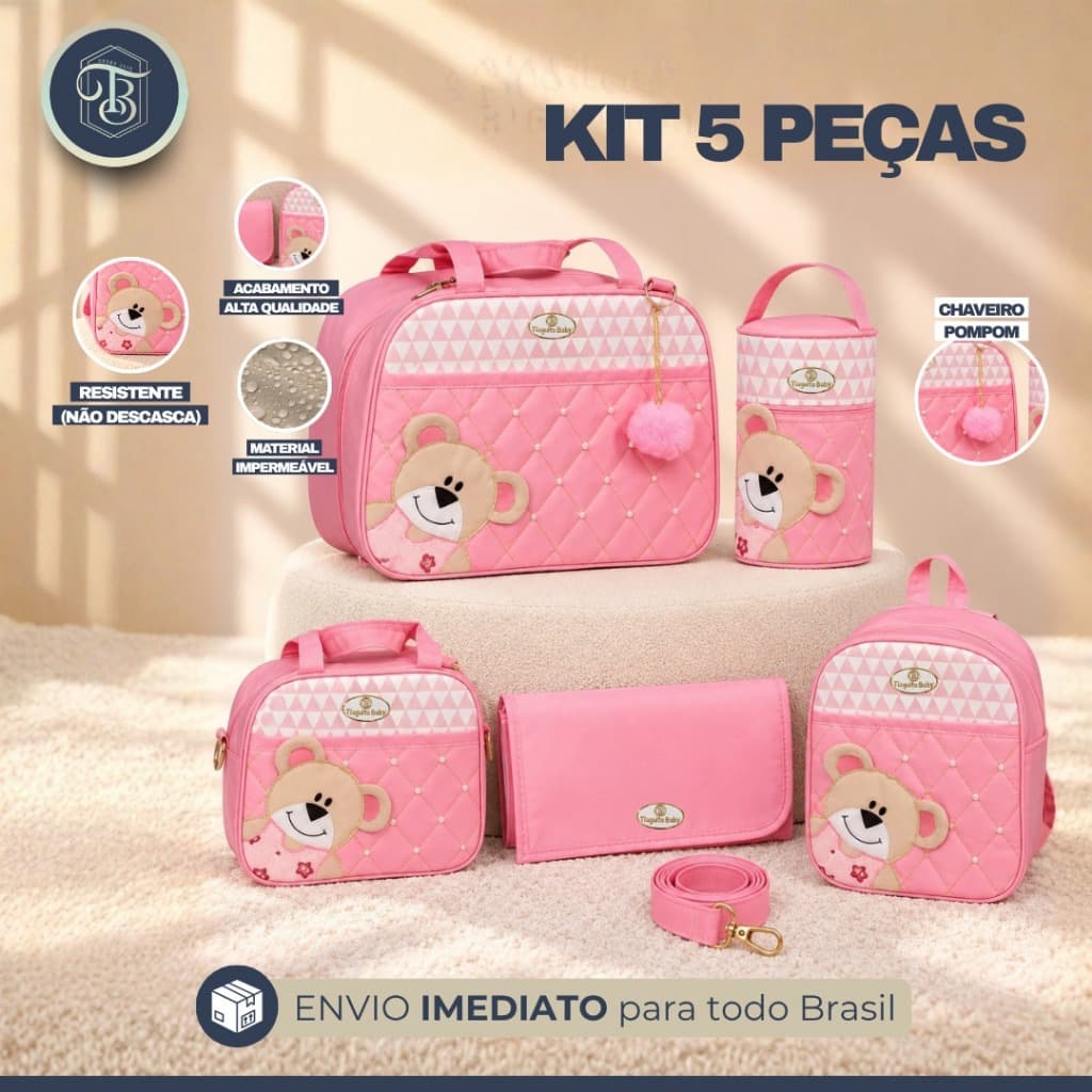 Bolsa de Bebê maternidade Ursa de Lado 5 Peças (Rosa)