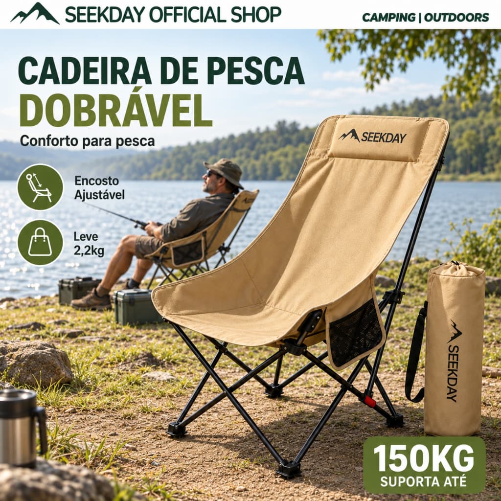 SEEKDAY Cadeira de Camping Alta Dobrável Reforçada 150kg Encosto Ajustável Portátil Cadeira Outdoor para Pesca Camping