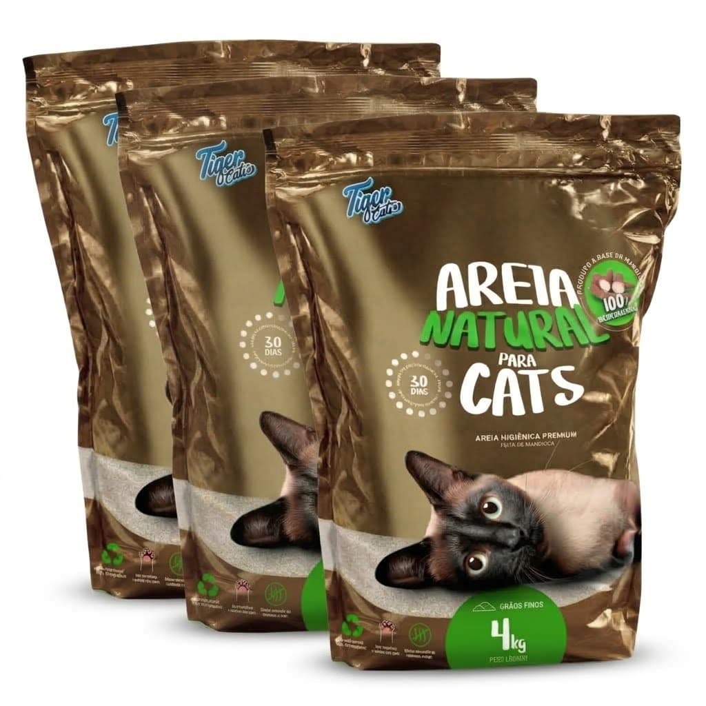 Areia Higiênica Biodegradável Tiger Cats 12Kg (3 pacotes de 4 kg) - Mandioca - Grãos finos