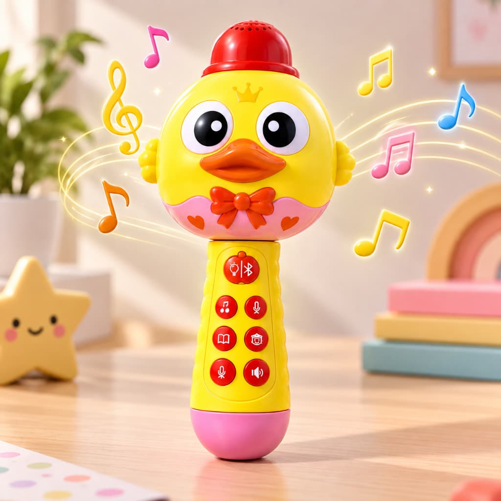 Microfone Infantil Bluetooth Pato Sons Luz Led Contos Música História Educativo Sem Fio USB Brinquedo