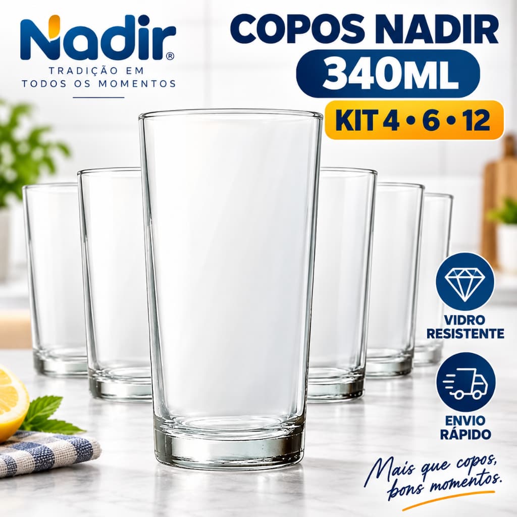 Kit 4 6 12 Copos de Vidro Nadir 340ml Transparente Copo Água Suco Refrigerante Jogo de Copos