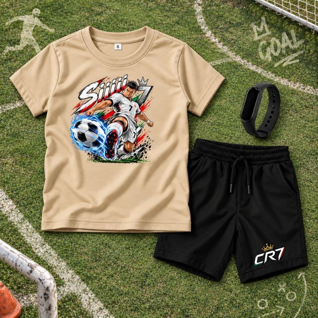 Conjunto Infantil Masculino Menino Futebol Camisa 7 CR7 Siiiu + Shorts Bermuda Moletim Com Relogio