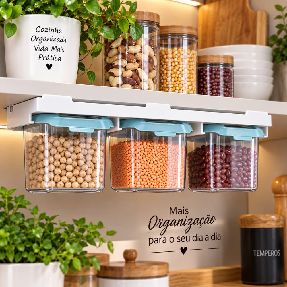 Kit 3 Potes Herméticos 900ml com Tampa e Suporte Organizador para Armário Cozinha Verde